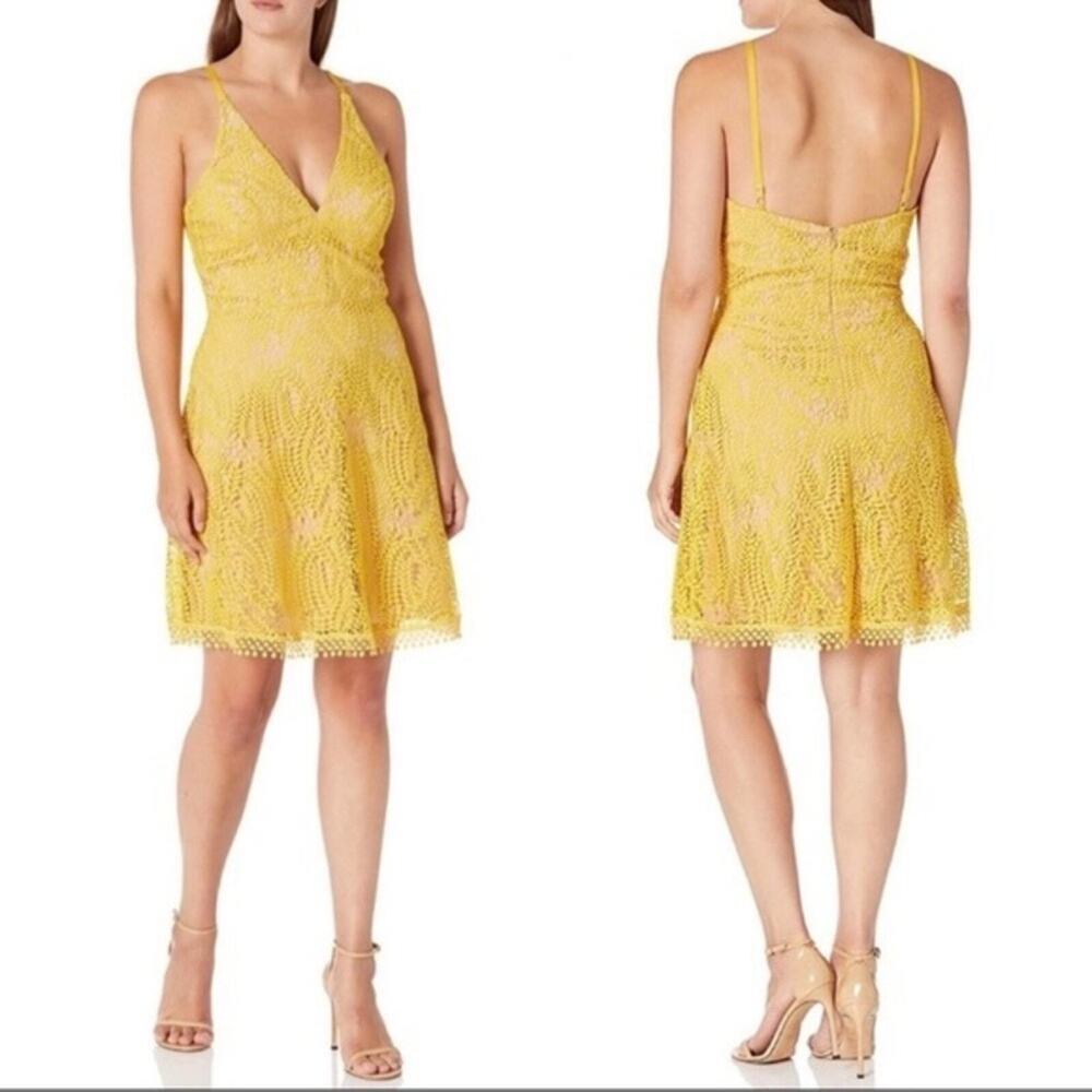 Dress the Population Piper Crochet Lace Canary Yellow Cocktail Dress Size XS